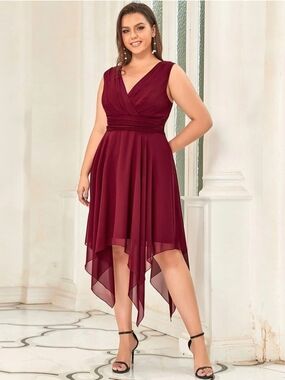 Ever Pretty Burgundy V-Neck Handkerchief Hem Cocktail Dress
